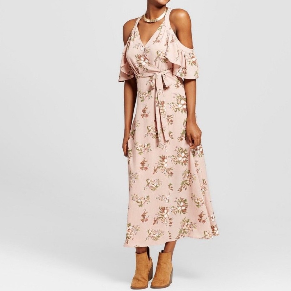 Printed Cold Shoulder Maxi Dress Blush Pink Floral